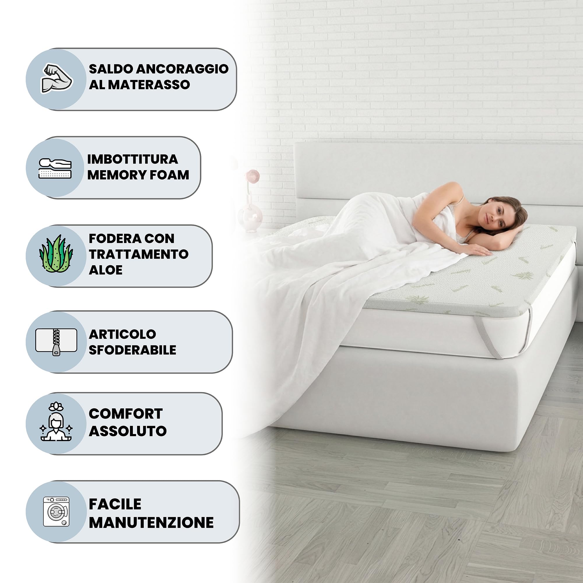 Topper Memory Foam ALOE letto Matrimoniale 160x190 cm, altezza 5 cm, Made in Italy, Rivestimento Sfoderabile e Lavabile, Coprimaterasso con Elastici per fissaggio al materasso