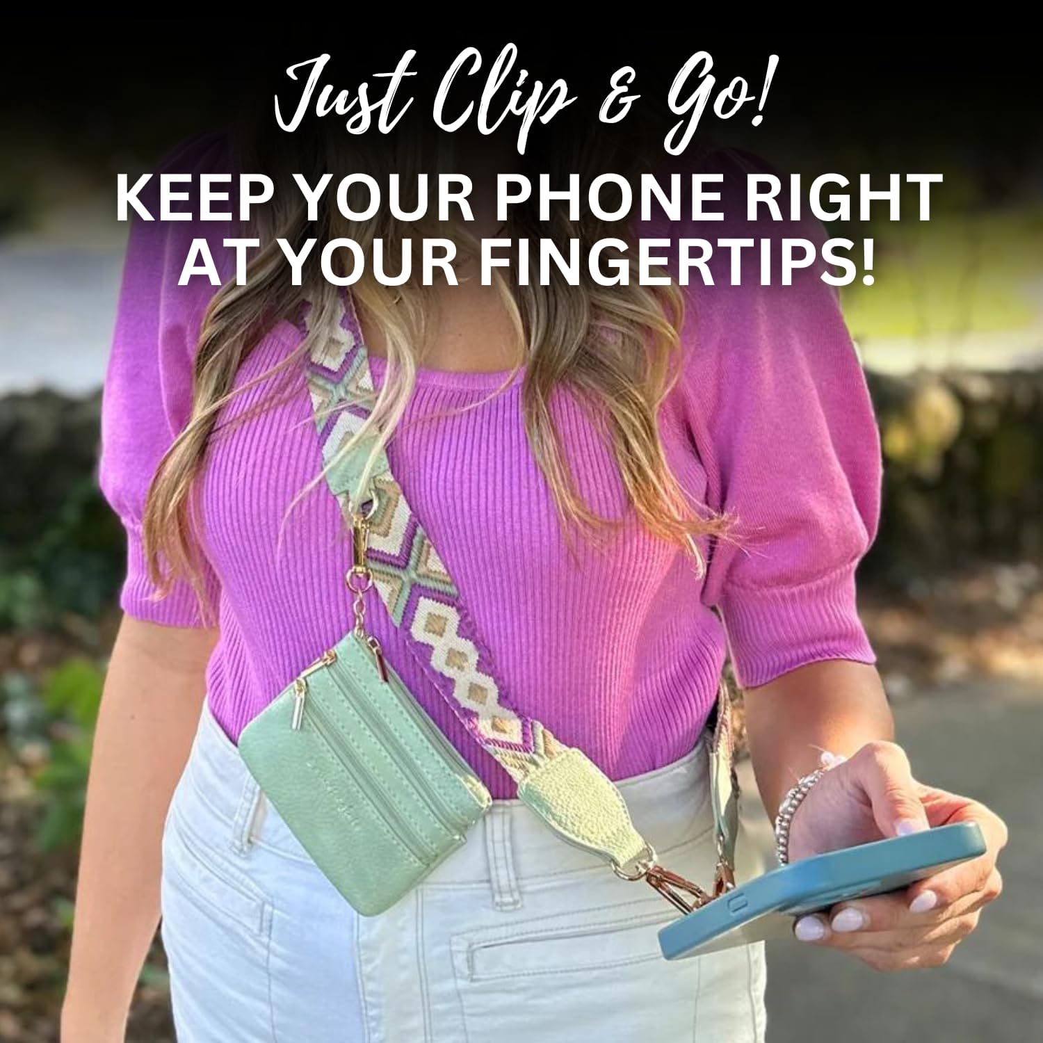 Save the Girls Original Clip and Go Phone Strap Original (Green/Purple Pattern - Green Pouch) - Crossbody Phone Strap Chain with Zipper Wallet Pouch – Phone Lanyard with Zippered Pouch