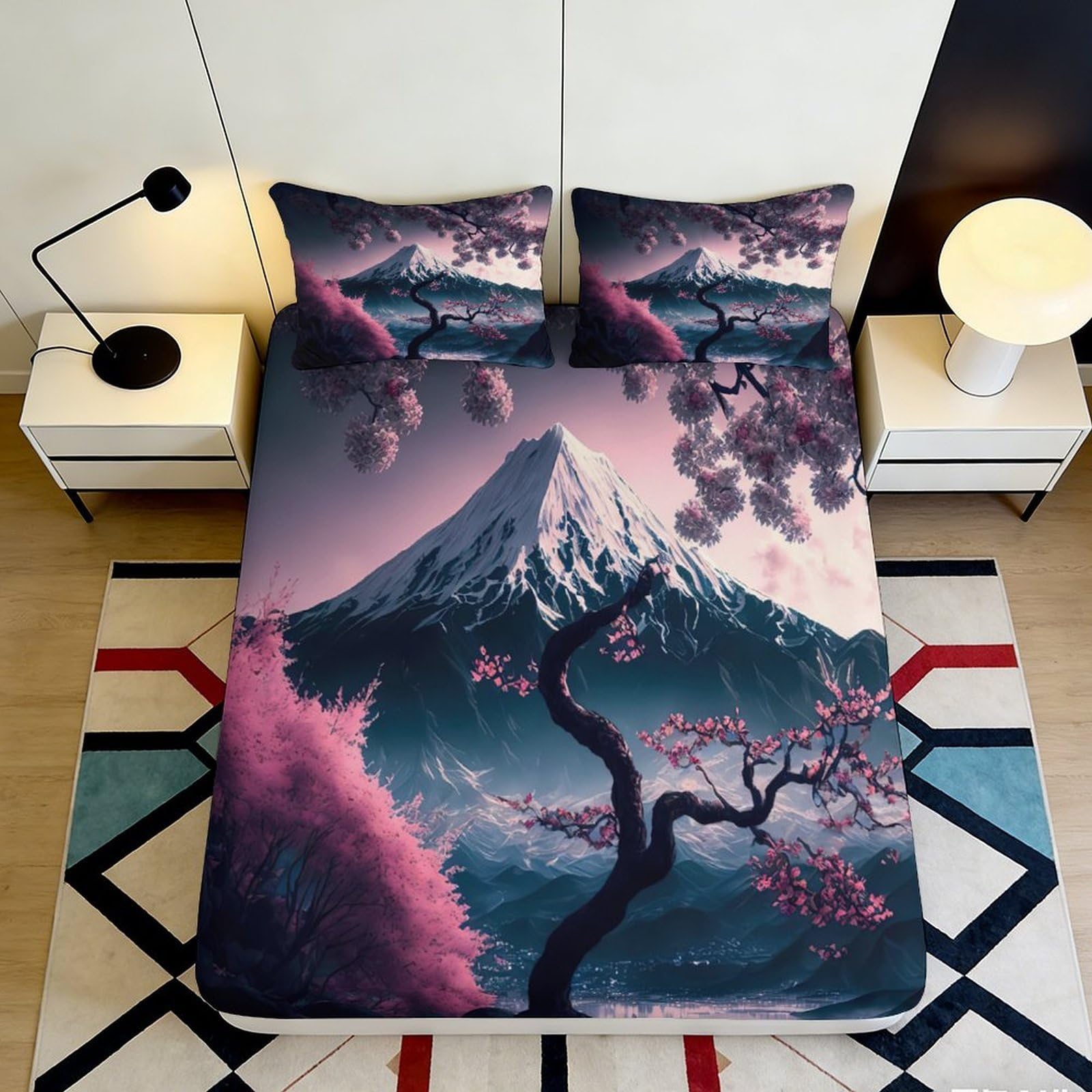 Pnayamiorkfel Style-8 3D Printed Sakura Mountain Fitted Sheet Microfiber Soft Breathable Cherry Blossom Bed Cover For Bedroom Decor 90X200x25cm