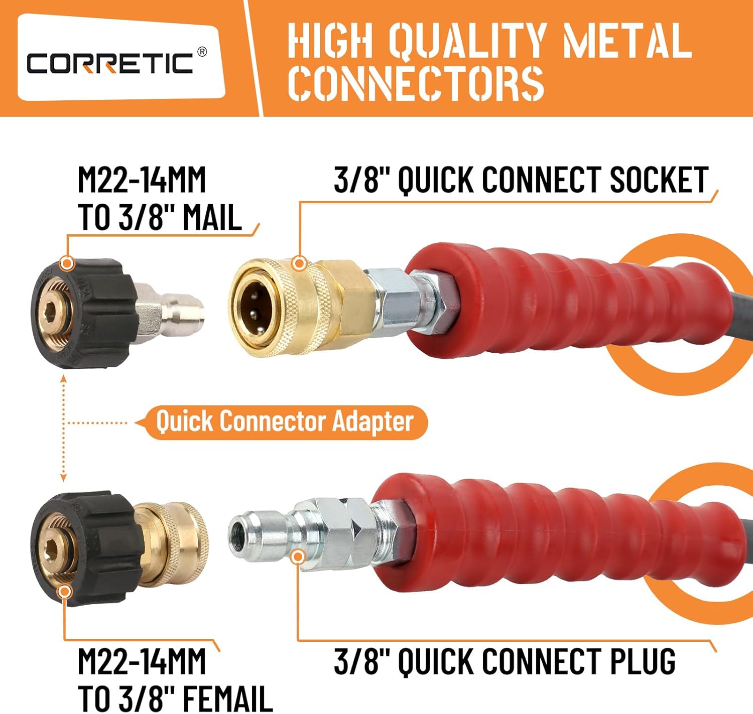 3/8" Pressure Washer Hose for Cold and Hot Water, 4200psi Power Washer Hose with Kink Free Swivel Quick Connect, Steel Wire Braided & Synthetic Rubber Jacket, 2 M22 14mm Adapter Set, 25FT