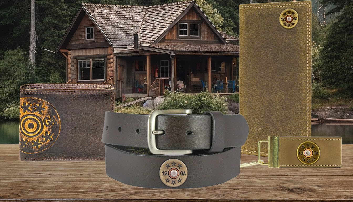 ZEP-PRO Shotshell Men's Leather Belt – Brown Full Grain Pullup Strap With Hunting Emblems – 1.25" Wide Handmade Accessory With Tapered Tip And Rustic Finish, Size 44