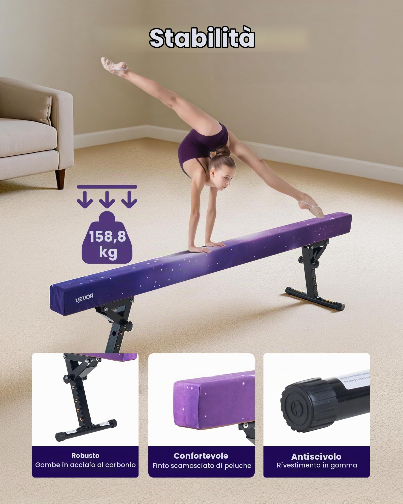 VEVOR Trave di Equilibrio per Ginnastica per Bambini, Altezza Regolabile 241 cm 5 Livelli, capacità di Carico 158,7 kg, Trave Ginnastica Artistica di Equilibrio per Casa Palestra, Galassia
