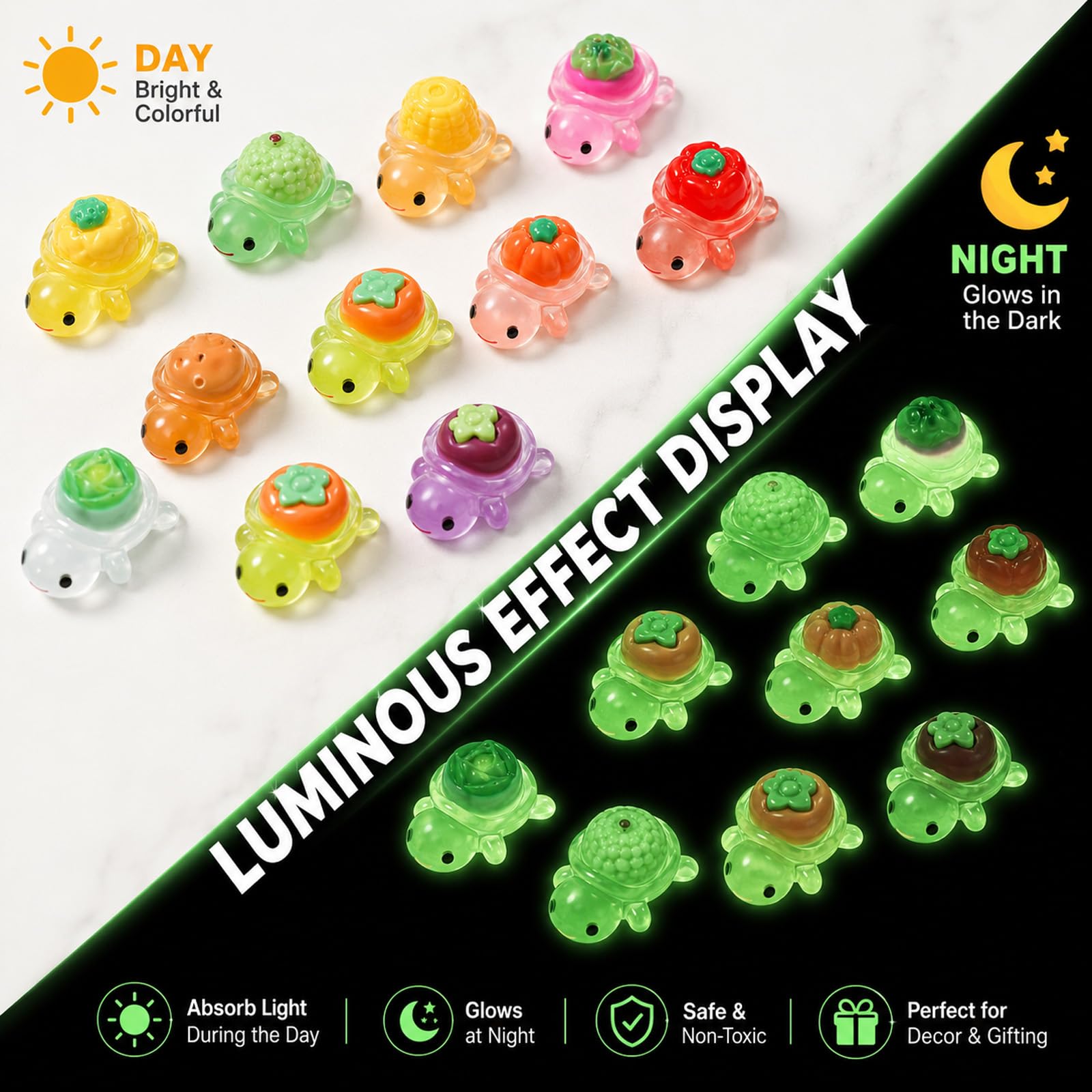 JJUNW 50 sztuk mini żółwi, świecące mini żółwie z żywicy, wielokolorowe, małe żółwie, figurki DIY, mała żółwica do dekoracji doniczek, ogrodu, krajobrazu, na imprezę, dekoracja