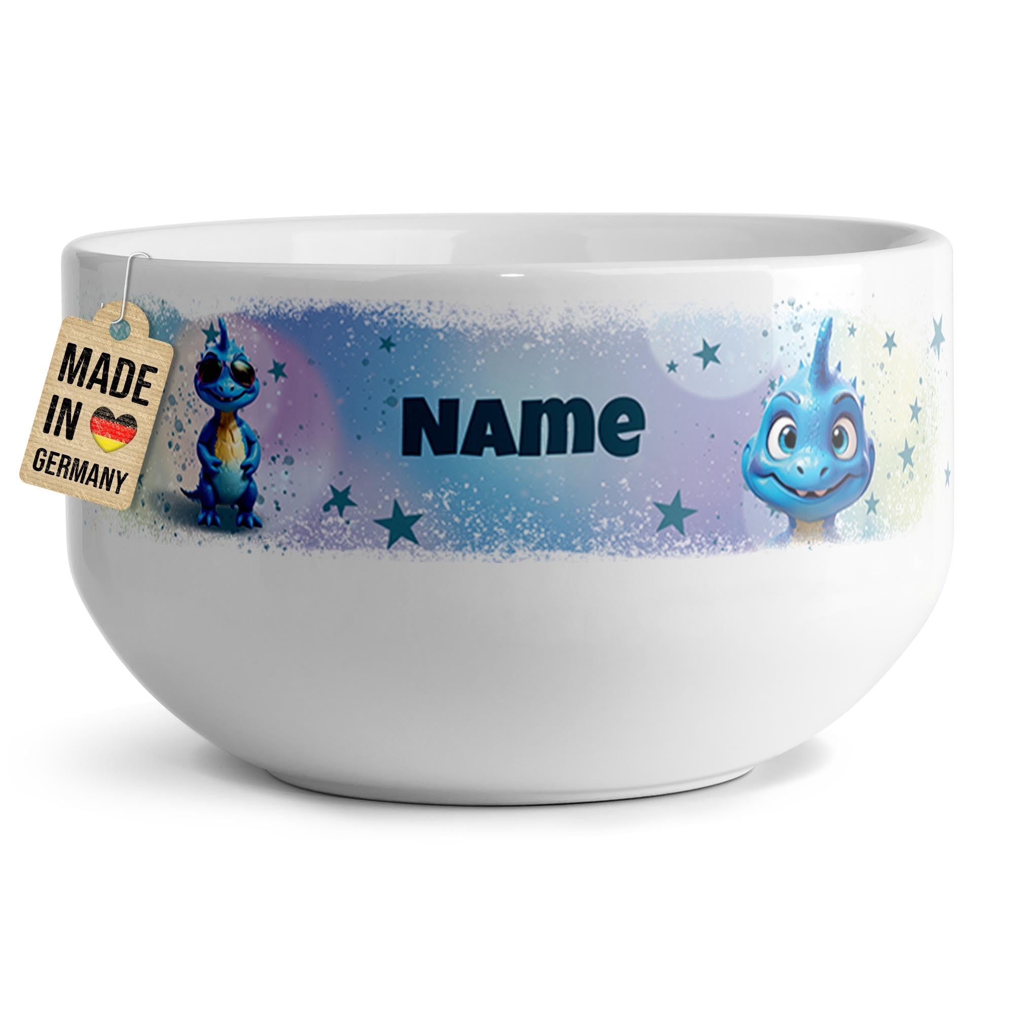 Print Royal PR Kinder-Müslischale mit Name personalisiert - Blauer Dino - Geschenk für Mädchen und Jungen, Kindertag, Weihnachten, Geburtstag | Keramik Schüssel selbst gestalten, 500 ml