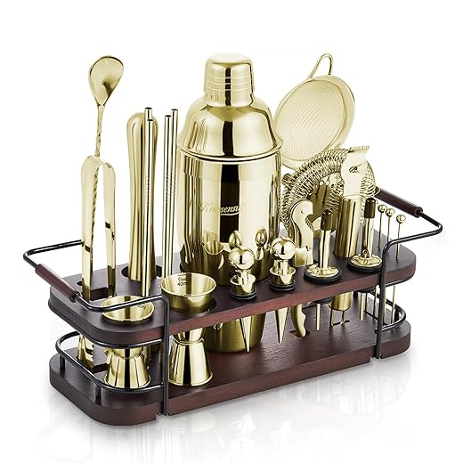 KITESSENSU Cocktail Shaker Set Bartender Kit with Stand | Complete 24-Piece Bar Set Cocktail Kit with All Bar Accessories, Gold