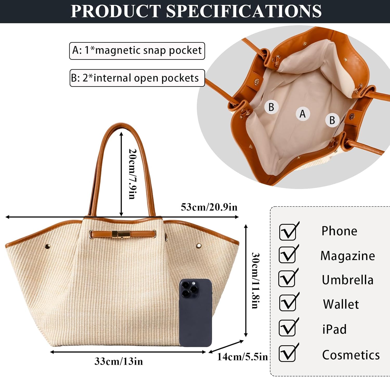 Straw Tote Bags for Women, Large Summer Straw Purses and Handbags Shoulder Woven Raffia Beach Bag for Vacation