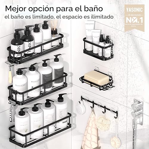 Miniatura 7 de YASONIC Organizador de ducha con adhesivo, 100% a prueba de óxido con soporte para jabón, paquete de 6 estantes de ducha de gran capacidad