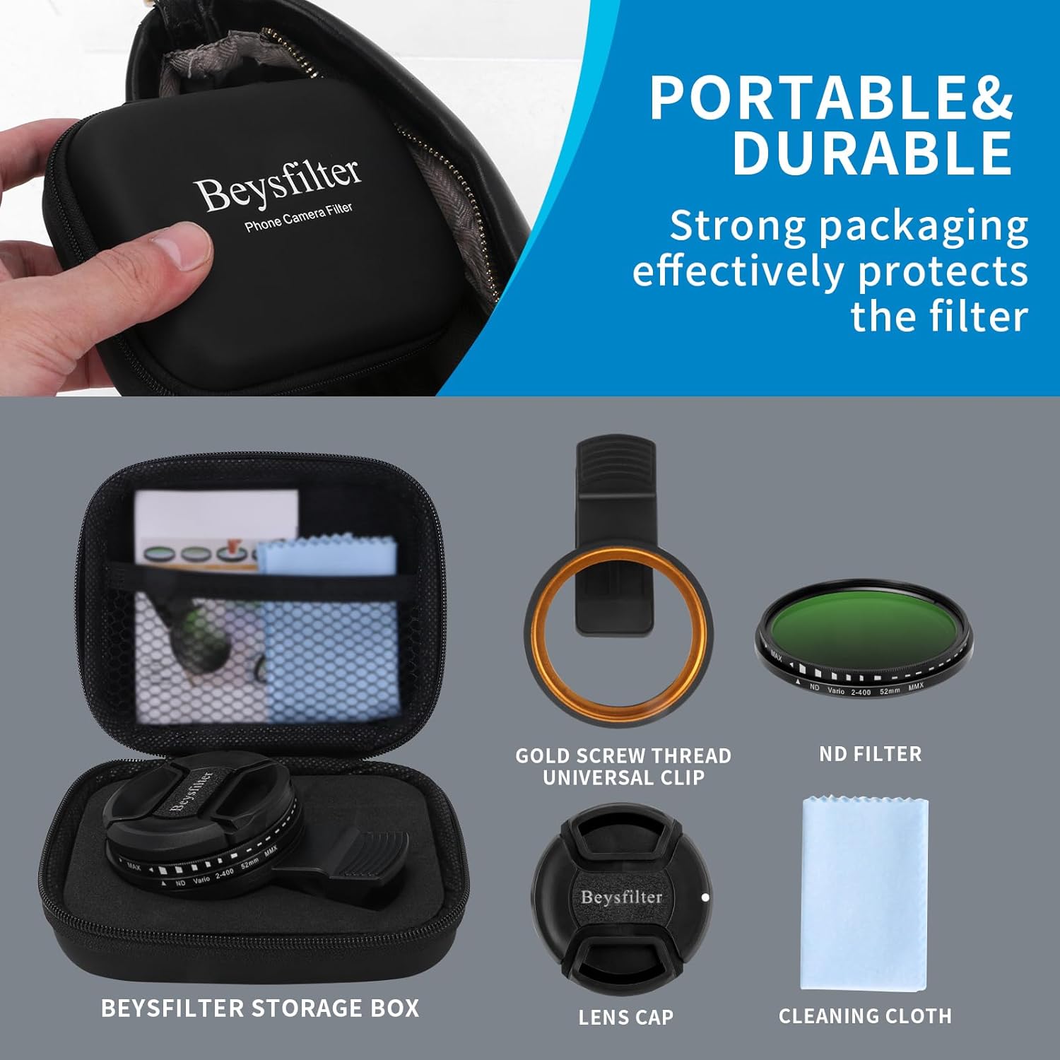 Phone 52MM Variable ND2-ND400 Filter, Multi-Coating Clip Adjustable Neutral Density Lens Kit, Compatible with iPhone 16/15/14/13 Pro Max, Samsung Galaxy, Google Pixel and Other Smart Phones