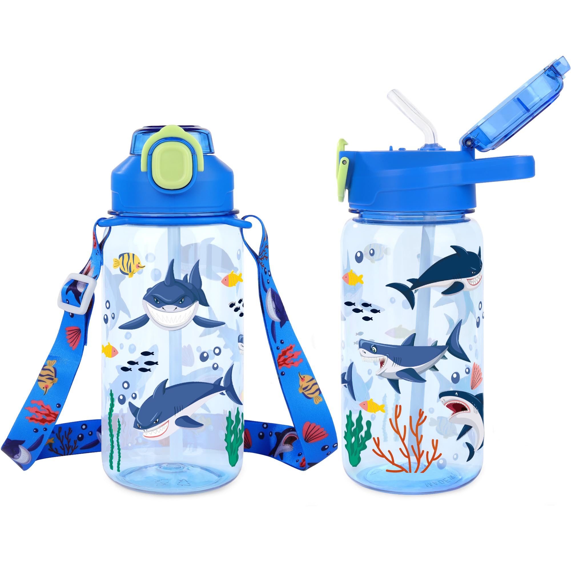 Queenshin Boys Shark Water Bottle with Straw for School Kids 20oz Large