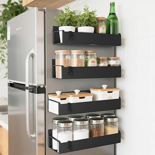 Paquete de 4 organizadores magnéticos para especias para refrigerador y horno, estante magnético móvil para colgar especias de cocina con 4 ganchos,