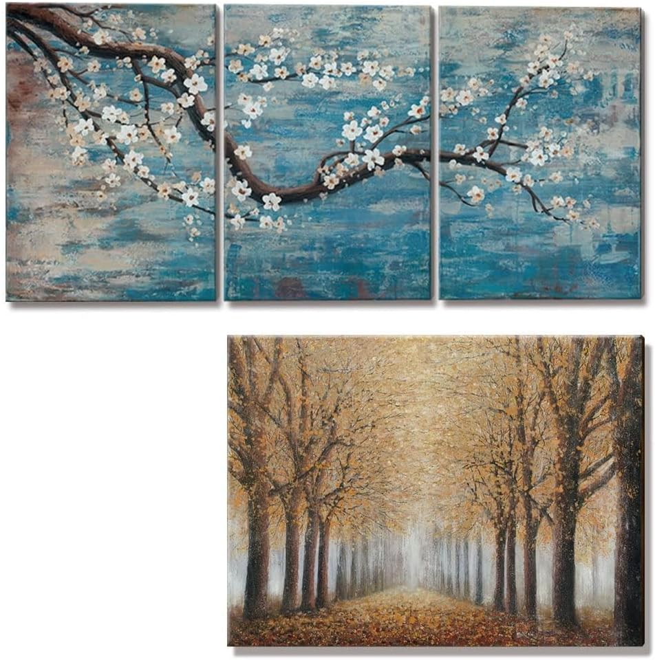 Wall Décor Living Room Extra Large Wall Art Framed Hand-Painted Forest Oil Painting for Home Bedroom Office Decoration Autumn Landscape Canvas 48"x32" and Huge Plum Canvas Artwork 72"x36"