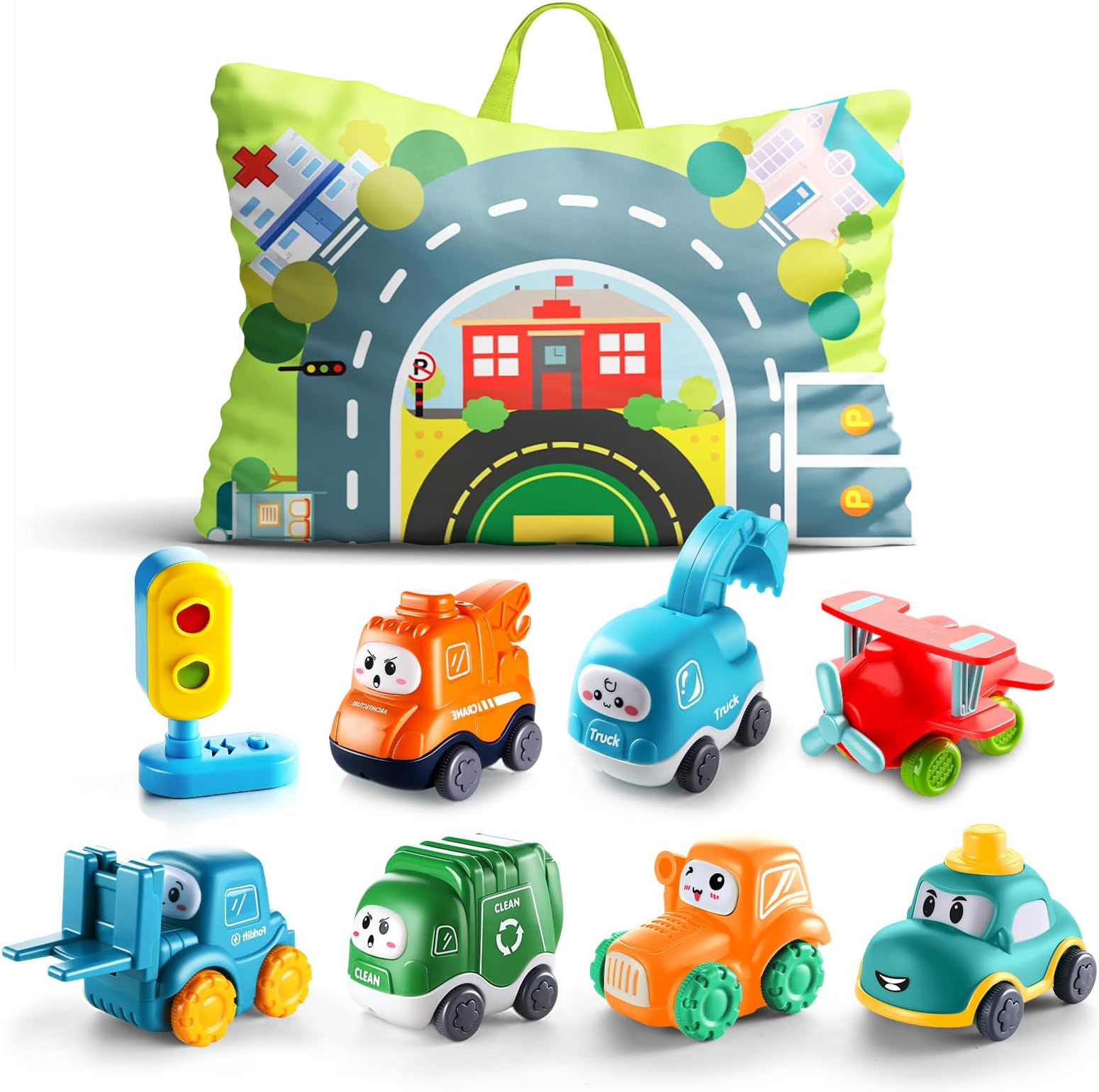 ALASOU Baby Cartoon Car Toys with Playmat/Storage Bag|1st Christmas Birthday Gifts for Toddler Age 1-2|Baby Toys for 1 2 3 Year Old Boy|1 2 Year Old Boy Gift for Infant|Stocking Stuffers for Kids