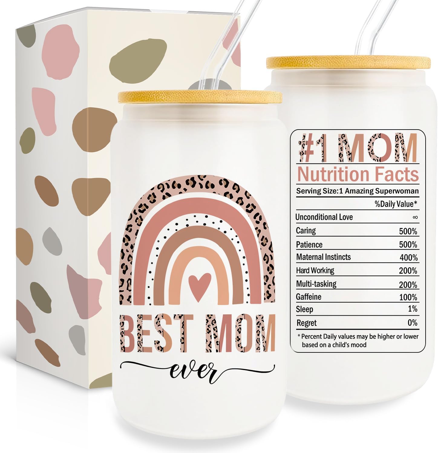 Best Mom Gift for Mother from Daughter Son, Gifts for Mom Iced Coffee Cup, Unique Mom Birthday Gifts, Thank You Mom Gift Ideas for Mother, 16oz Glass Cup with Lid and Straw