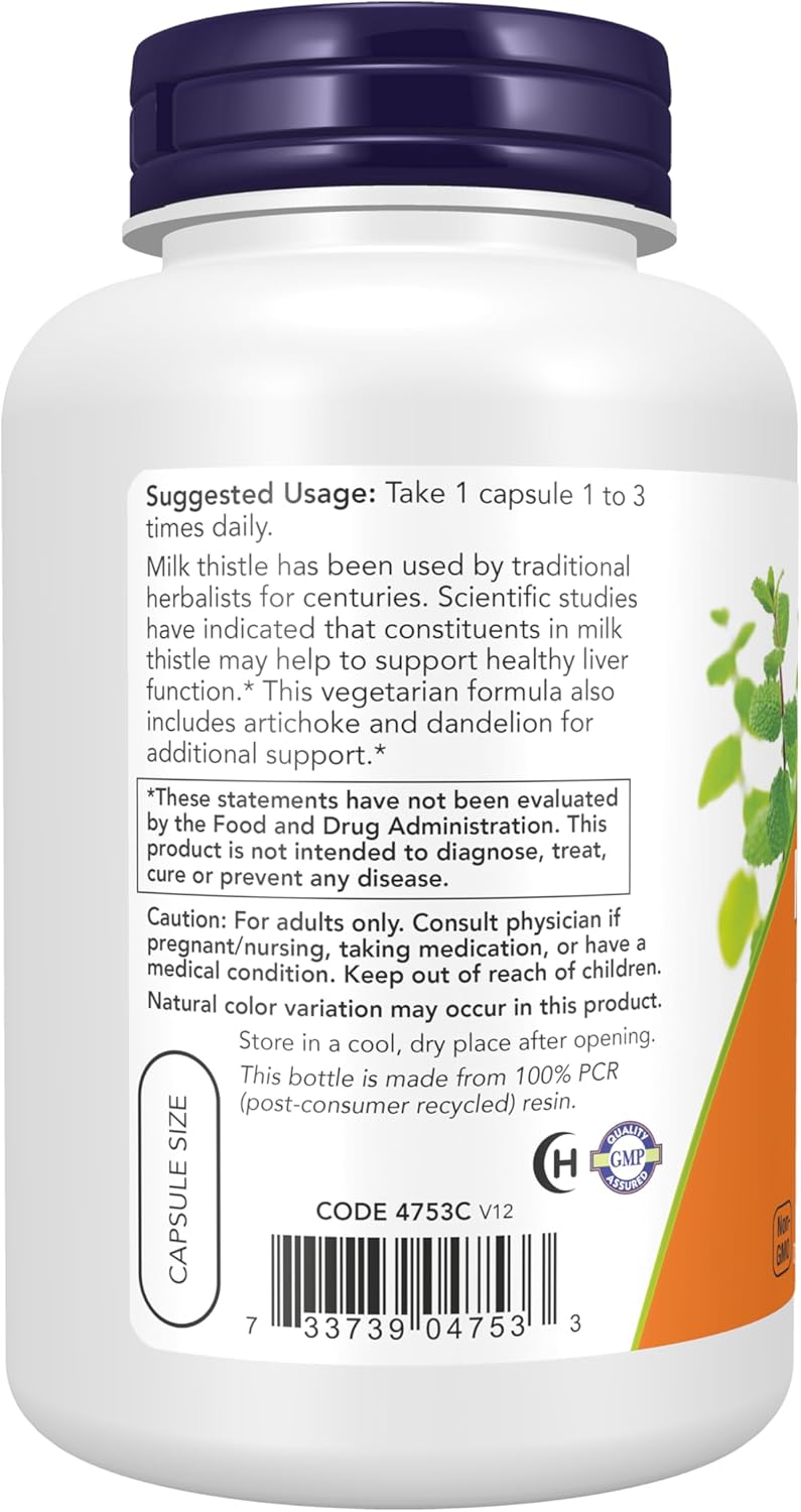 NOW Foods 2 Pack Silymarin, Milk Thistle Extract with Artichoke & Dandelion, Double Strength, 300 mg, 200 Veg Caps - Image 3
