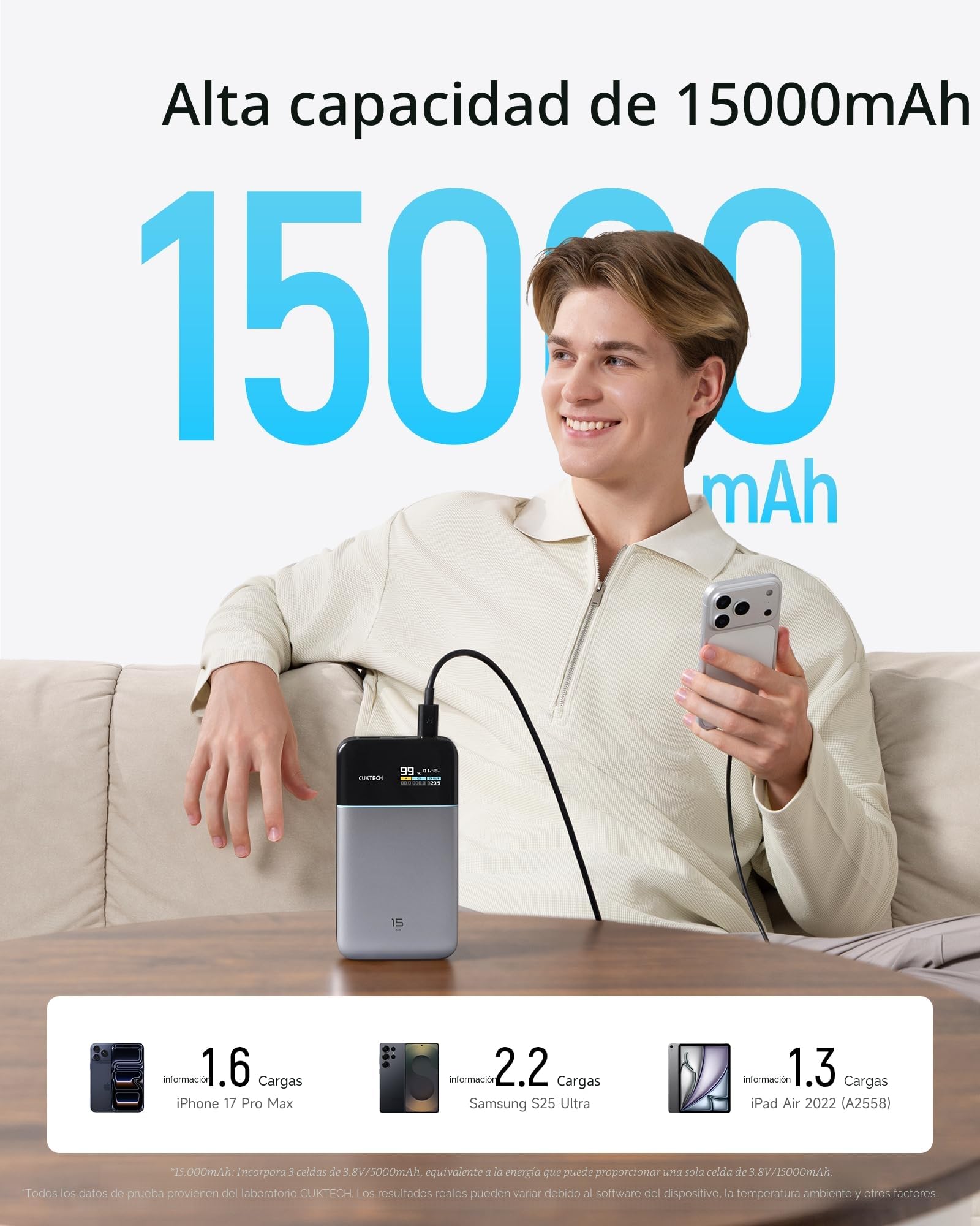 CUKTECH [CCC Certified] Power Bank 15000mAh 100W MAX Total, Batería Portátil con Pantalla TFT, Batería Externa Carga Rápida 3 Puertos para iPhone 17/16/15, Samsung, Xiaomi, MacBook Air, iPad, AirPods