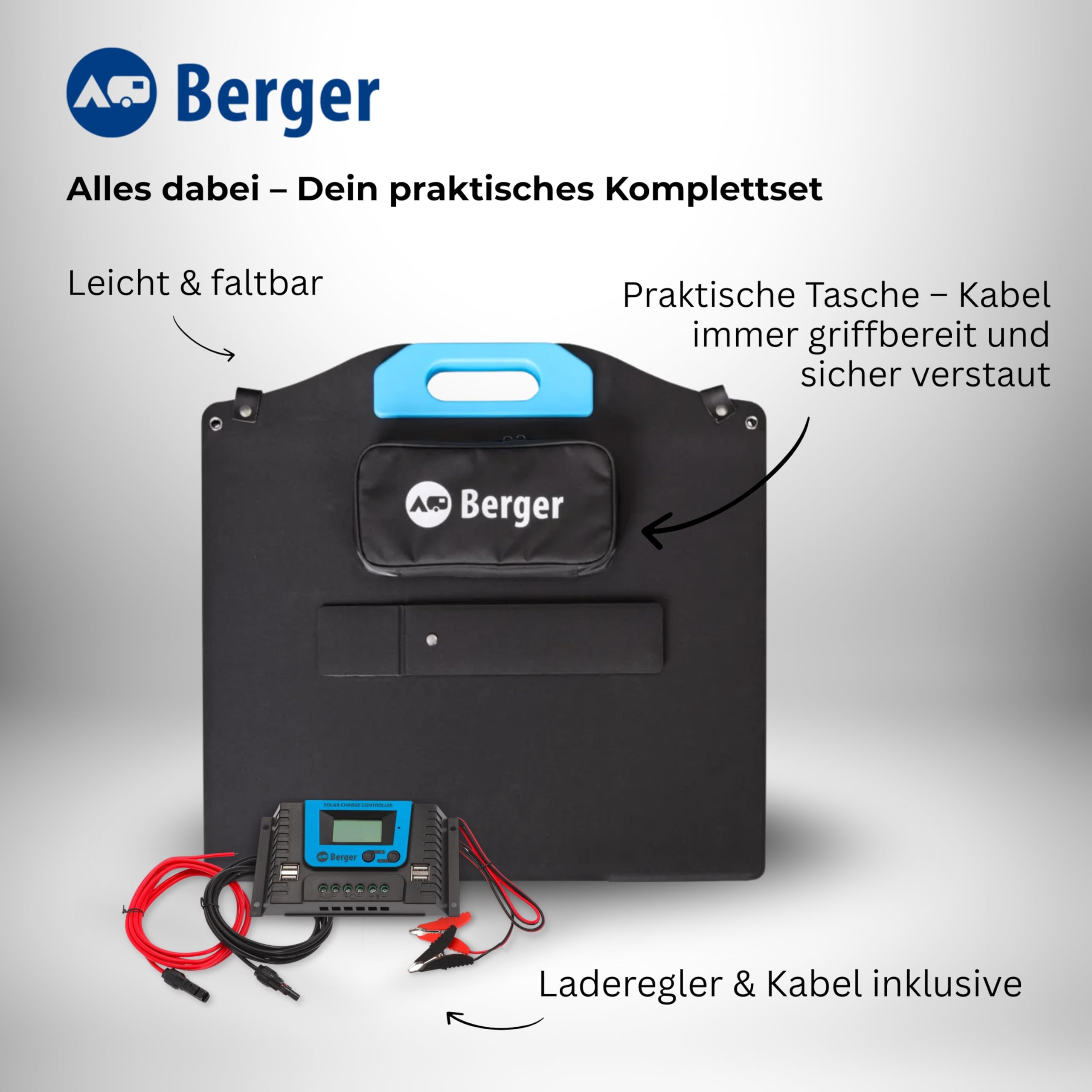 BERGER Kit de panneau solaire pliable 100 W avec régulateur de charge - Module solaire complet avec MC4 et pinces crocodiles - Panneau solaire de camping pour station d'alimentation et batterie