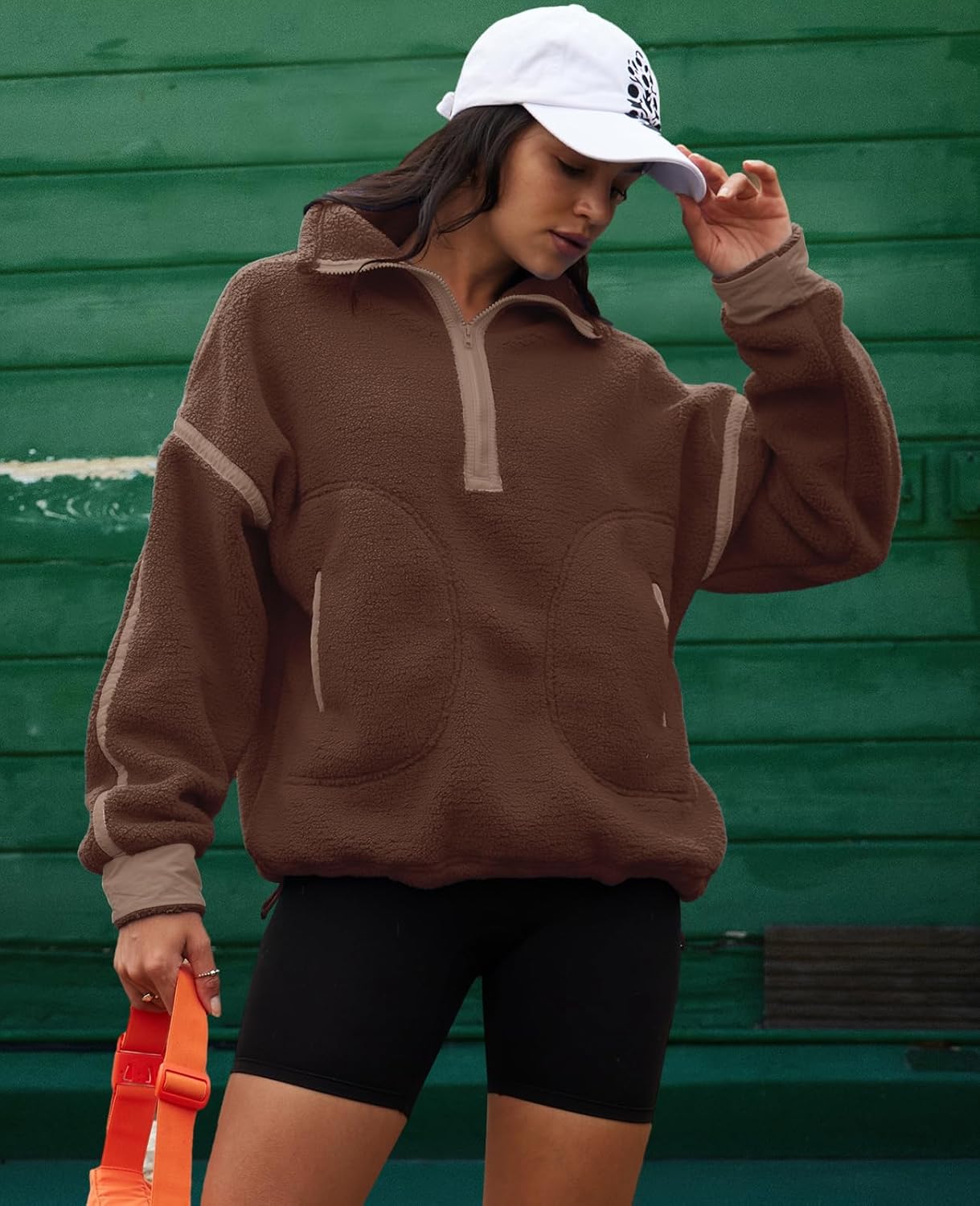 LAMISSCHE Half Zip Sweatshirt Women Oversized Sherpa Jacket V Neck Fleece Pullover Hoodie with Pockets - Image 2