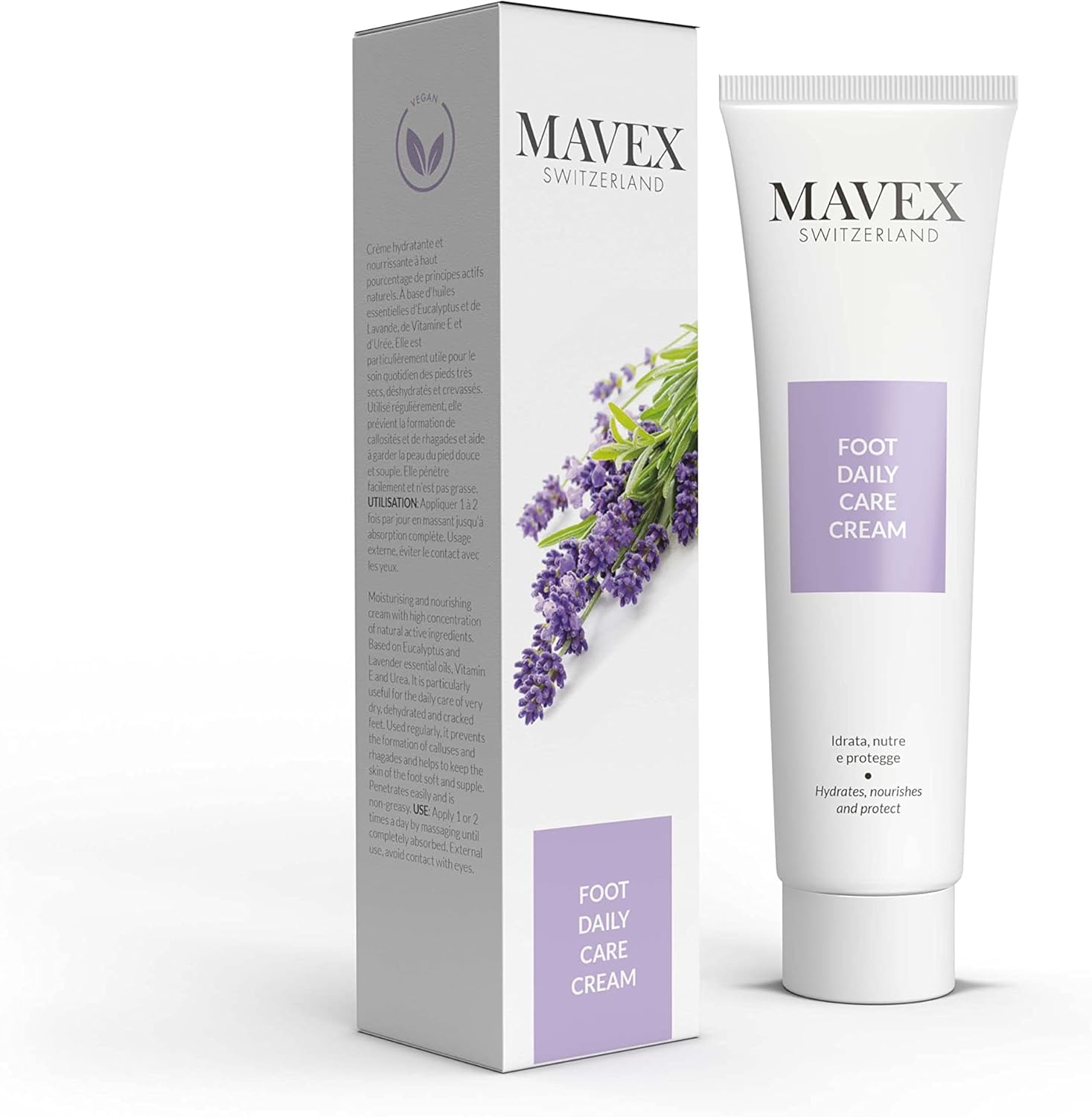 MAVEX Foot Daily Care Crème, voetcrème voor voortzetting van de pedicurebehandeling thuis, van eucalyptus en lavendel, vitamine E, ureum en natuurlijke lipiden, 100 ml
