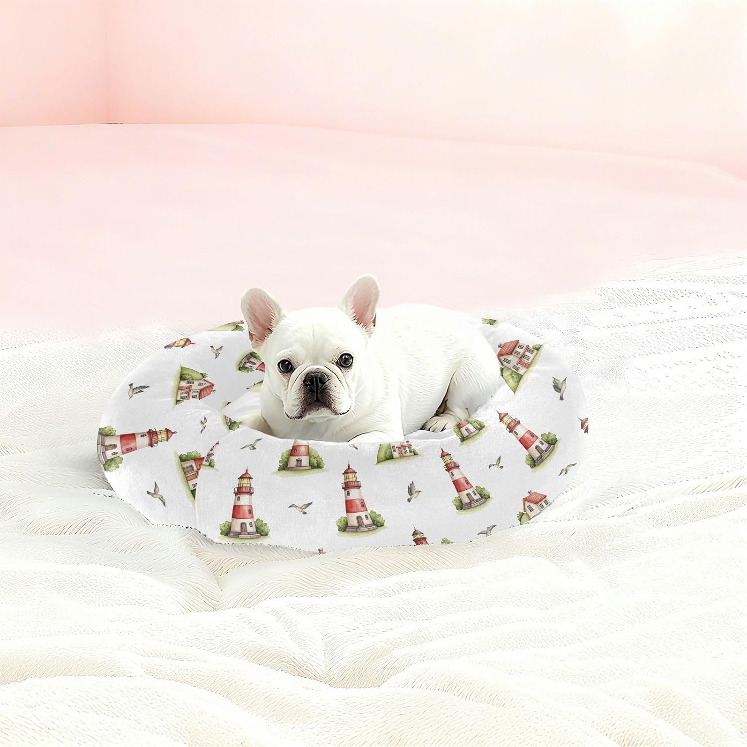 Coastal Lighthouse House White Pattern Dog Bed Round Small Medium Dog Beds Pet Cat Bed Washable Puppy Kitten Beds for Winter Indoor Pets Sleeping,M