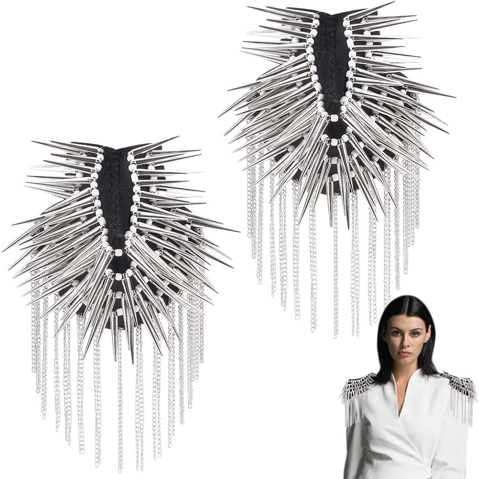 WEBEEDY 2 PCS S houlder Epaulet Shoulder Rivet Tassel Epaulet Board Punk Rivet Tassels Shoulder Board Arm Badge Epaulettes Gothic Punk Long Rivet Stud Spike Mark for Performance Show