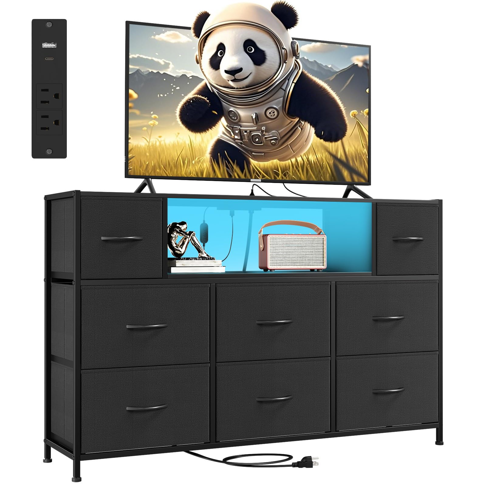Somdot TV Stand Cabinet for 55 Inch TV Gaming Entertainment Center, LED TV Unit with Charging Station, Chest of Drawers with 8 Fabric Drawers for Bedroom Living Room, Black