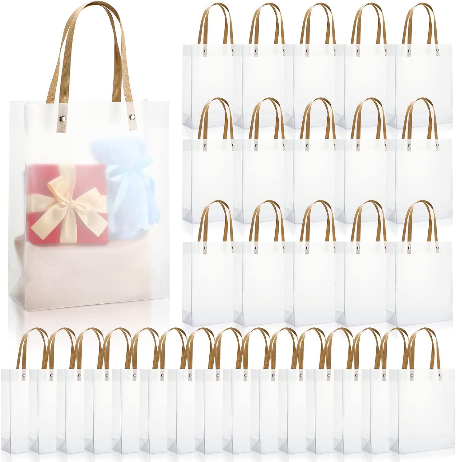 30 Pcs 9.5x3.9x13.8 Inch Clear Tote Bags, Clear Gift Bags With Handles, Reusable White Frosted Plastic Bags for Gifts Party Favors, Transparent Tote Boutique Bag Gift Wrap Bags for Wedding