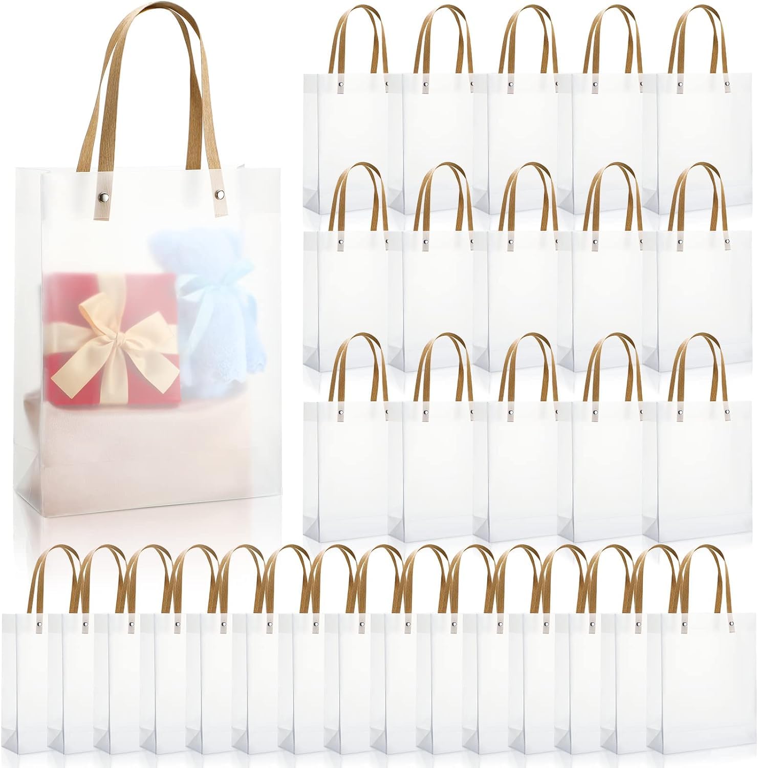 Generic 30 Pcs 13.8x9.5x3.9 Inch Clear Tote Bags, Clear Gift Bags With Handles, Reusable White Frosted Plastic Bags for Gifts Party Favors, Transparent Tote Boutique Bags Gift Wrap Bags for Wedding