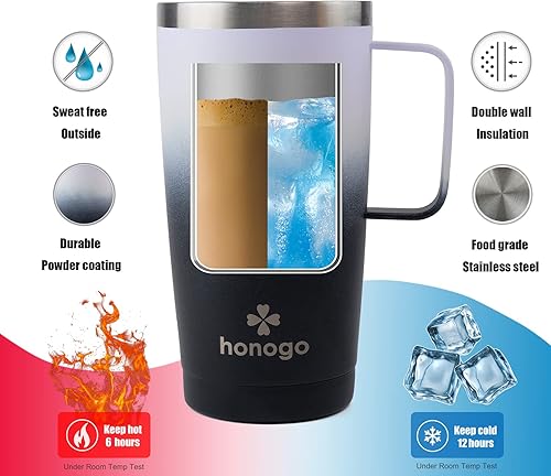 Miniatura 10 de honogo Vaso térmico de acero inoxidable de 20 onzas con aislamiento al vacío con tapa y popote, taza de café térmica de viaje con asa, mantiene el