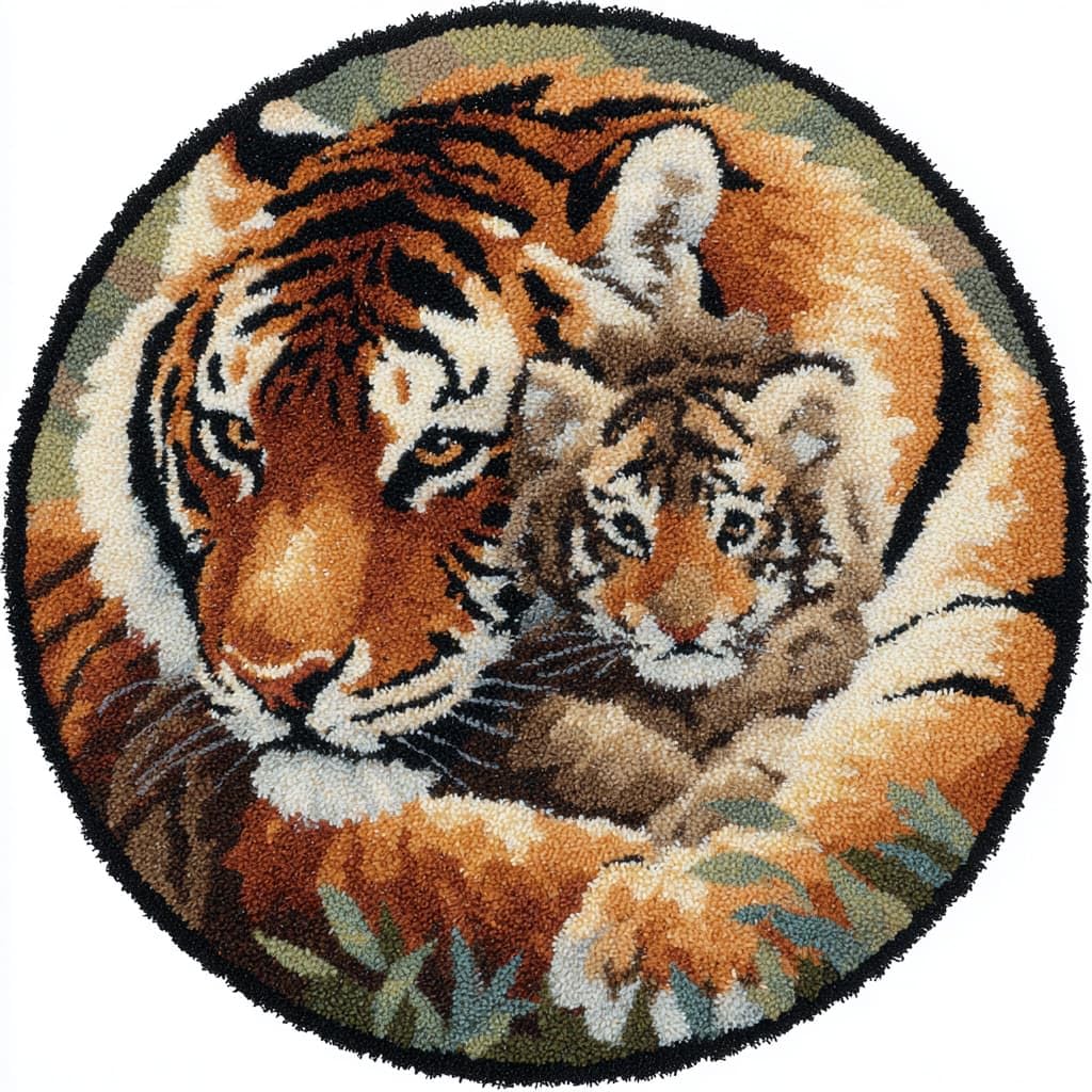 WallustrioaW DIY Latch Hook Rug Kits Two Tigers Round Carpet Crochet Yarn Craft Rug Hook and Latch Tapestry for Home Decor 50x50cm