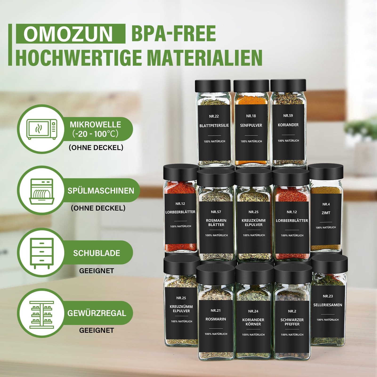 Lot de 24 pots à épices carrés avec étiquettes - En verre - 120 ml - Avec insert à saupoudrer - Étiquettes étanches - Rangement des épices pour le tiroir de cuisine - Noir