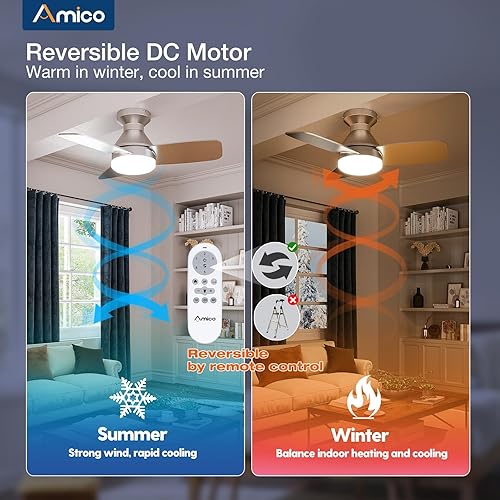 Miniatura 71 de Amico Ventiladores de techo con luces, perfil bajo, control remoto, montaje empotrado, reversible, 3CCT, regulable, silencioso, para dormitorio, uso