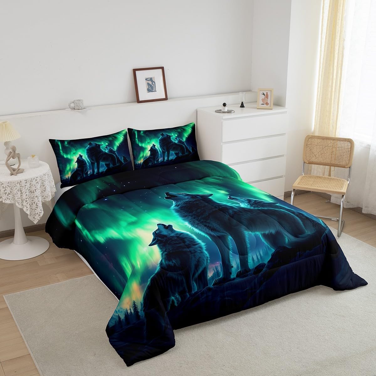 Erosebridal Wolf King Size Comforter Set, Roaring Wolves Wildlife Soft Kids Boys Bedding Sets, Aurora Animals Galaxy Printed Bedding Comforter Sets for Bed, Black Green Mountains Cozy Duvet Insert