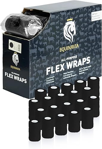 Equinavia Paquete de 20 envolturas autoadhesivas para veterinarios de 4 pulgadas con estuche de fácil dispensación | Vendajes para caballos, Negro