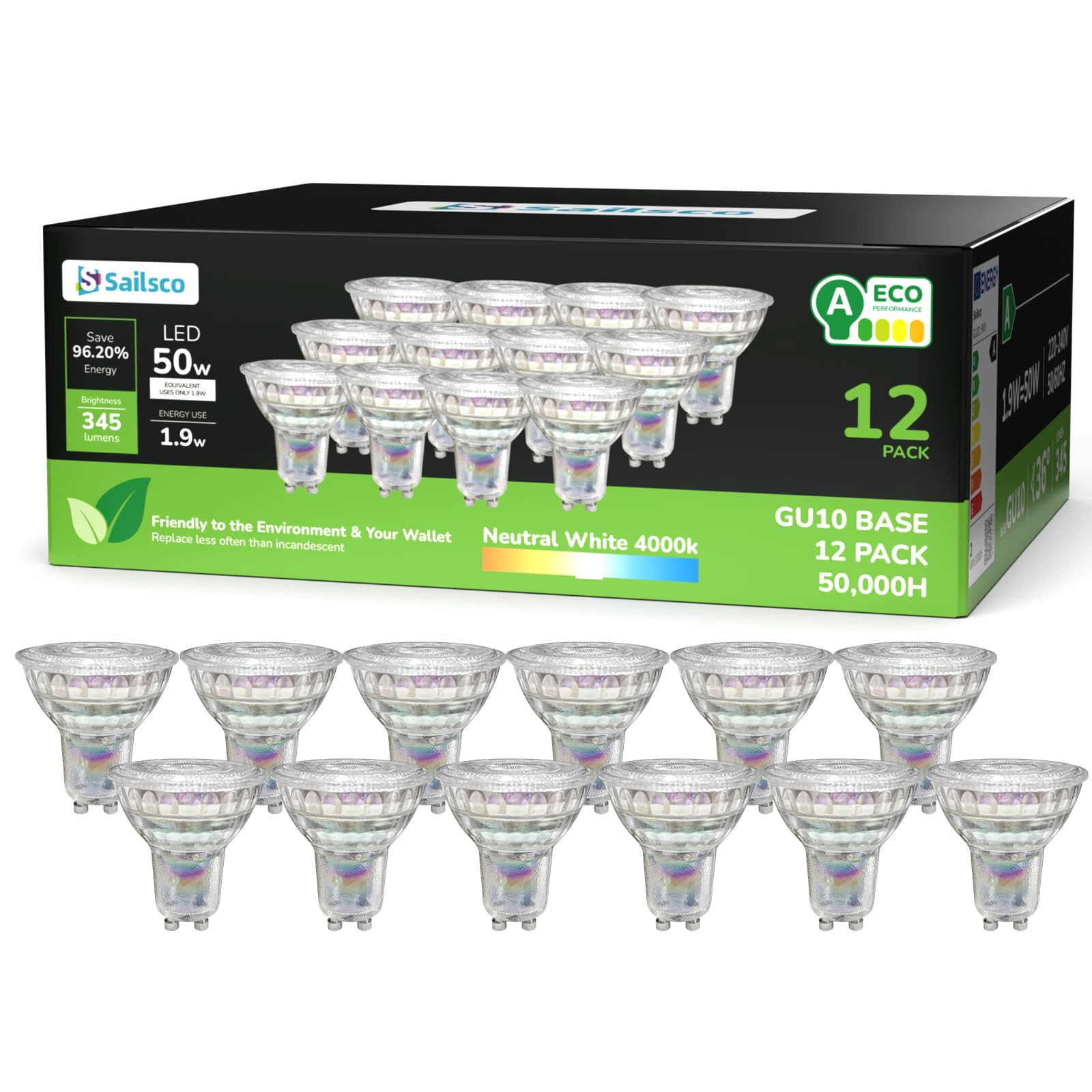 sailsco Energieklasse A GU10 LED Neutralweiss Lampe,1.9W 345LM 4000K Neutralweiß GU 10 Spot Energiesparlampe,50W Glühbirne Ersetzt,36 Grad Abstrahlwinkel G10 Leuchtmittel,Nicht Dimmbar,Glas,12 Stück