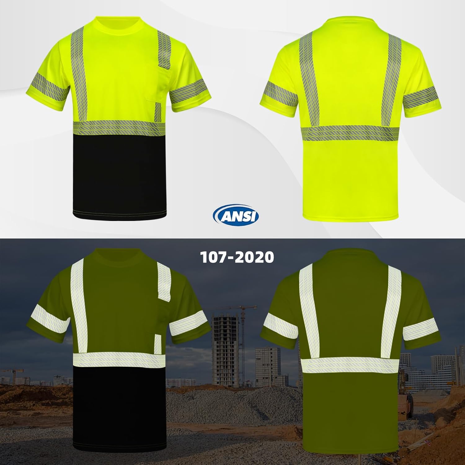 High Visibility T Shirts for Men,Safety Reflective Short Sleeve Class 3 Shirt with Pocket for Work Construction