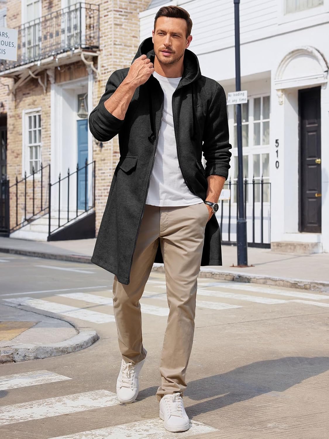 ZIWOCH Mens Trench Coat Wool Blend Hoodie Long Jacket Full Zip Winter Classic Business Overcoat - Image 4