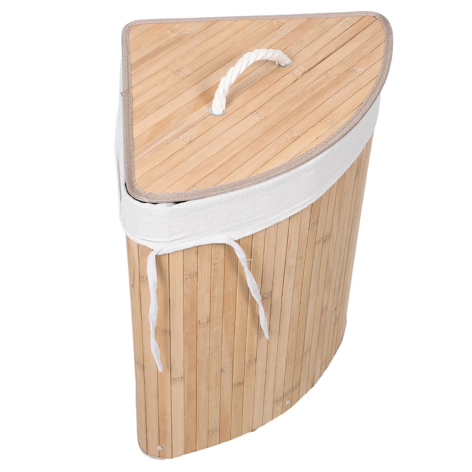 INOOMP Cesto Porta Biancheria Triangolare con Coperchio Design Salvaspazio in Bambù e Tessuto Colore Beige per Angolo Camera e Casa 35x50cm