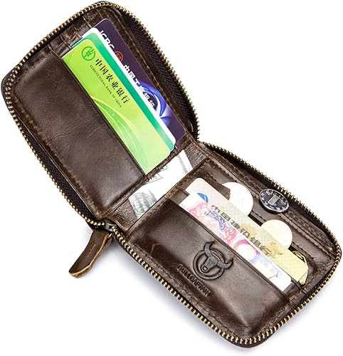 Miniatura 4 de BULLCAPTAIN Billetera de cuero para hombre con cremallera y bloqueo RFID, monedero (marrón oscuro)