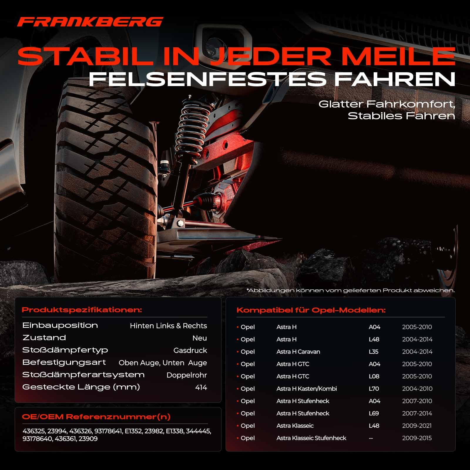 Frankberg 2x Stossdämpfer Stoßdämpfer Hinten Links Rechts 414mm Gasdruck Kompatibel mit Astra H A04 Astra H Car.a.van A04 Astra H GTC A04 Replace# 23982,23994