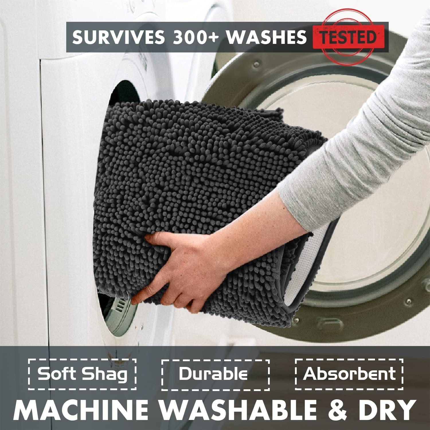 Ultimate Black Bathroom Comfort Bundle: Luxury Chenille Rugs Set with U-Shaped Toilet Mat + Plush Toilet Lid Cover (3-Piece Set)