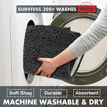 LuxUrux 2 Piece Bathroom Rug Set - Premium Plush Bath Mat Shower Rugs, 1 Chenille Microfiber, Non-Slip & Absorbent, Soft & Cozy, Durable Stylish (20x30 & 16x24 inches, Black)