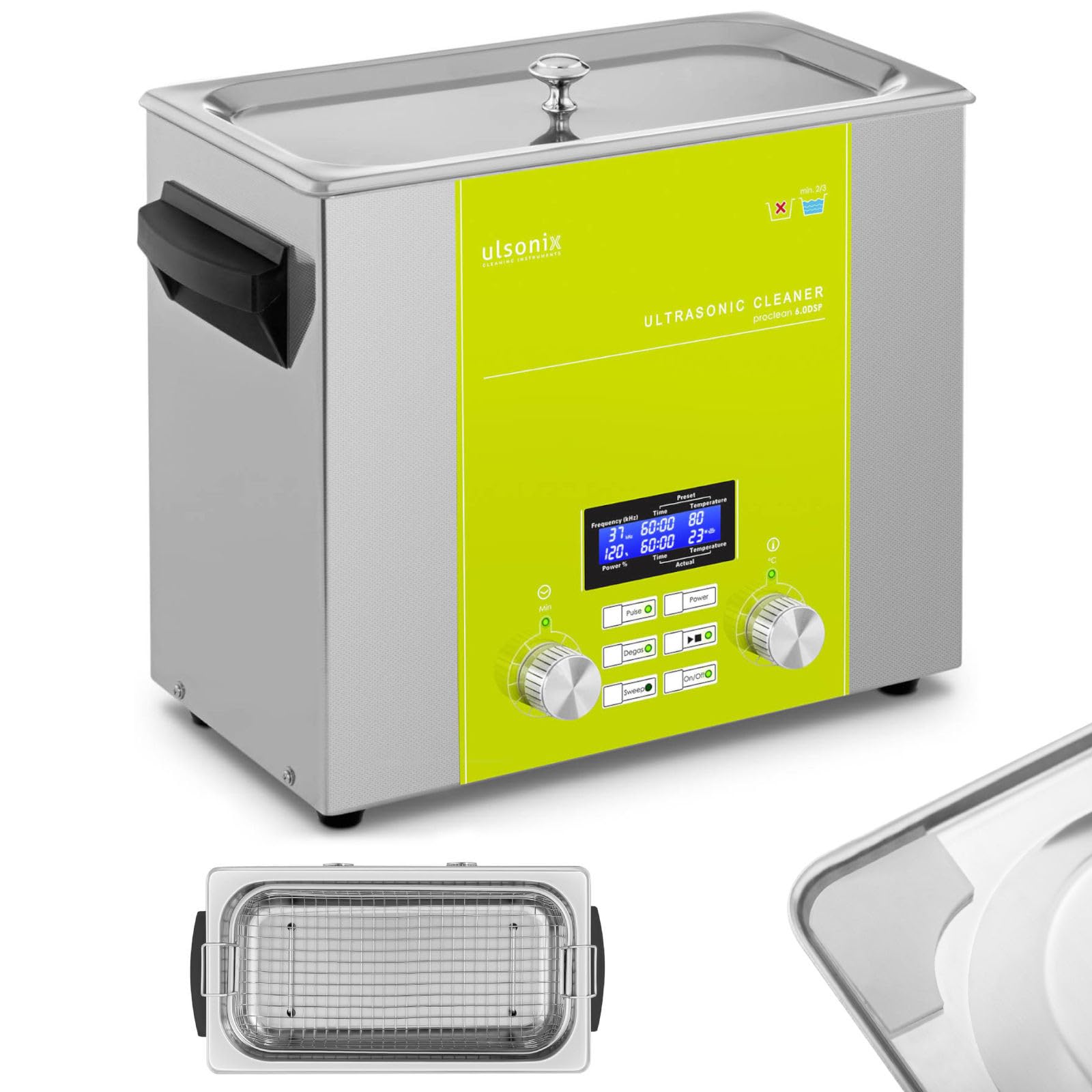 ulsonix Industrial Ultrasonic Cleaner Degas Sweep Pulse Function Ultrasonic Bath 6L 240W PROCLEAN 6.0DSP (Stainless Steel, 37kHz, 3 Transducers, 0-80°C)