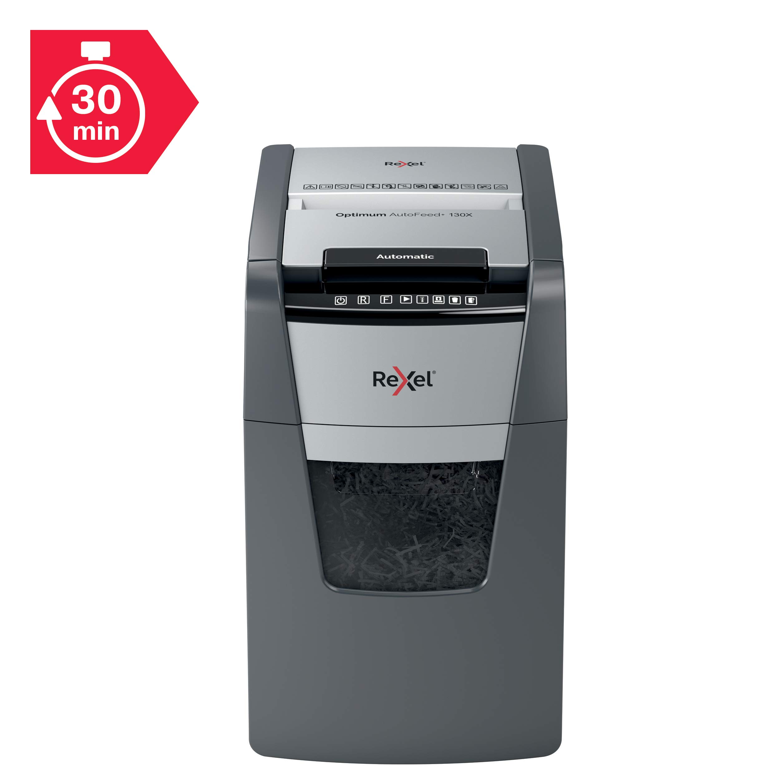 REXEL Optimum Auto Feed+ 130X, Distruggidocumenti Automatico, 130-150 Fogli (80-70 gr/mq), Taglio a Frammento, Livello di Sicurezza P-4, per Piccoli Uffici, Capacità 44 Litri, 2020130XEU