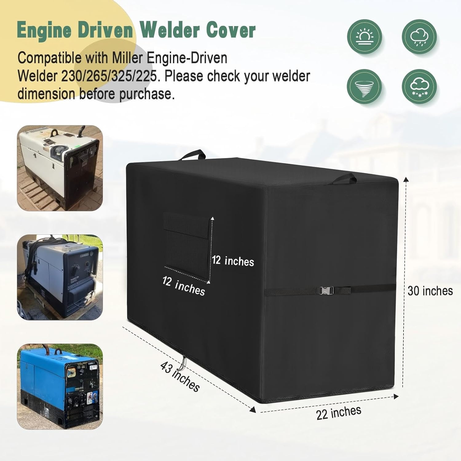 Engine Driven Welder Cover Compatible with Miller Welder 230/265/325/225, 600D Heavy Duty Waterproof Welder Machine Cover with Storage Bag, Lincoln Welder Covers with Buckles, Black