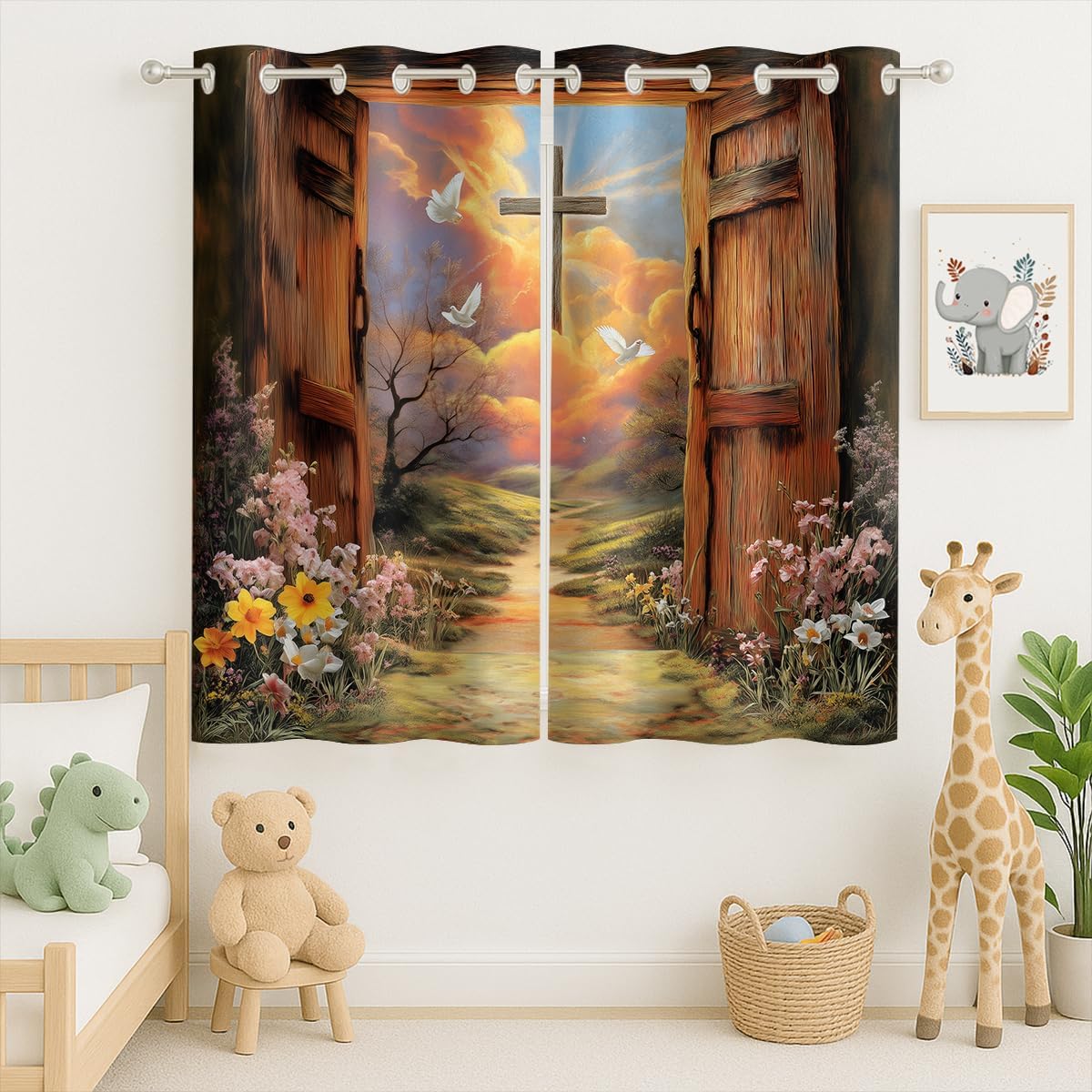 Jesus Cross Curtain, Door Sunset Sunrise Mountain Christ Easter, Grommet Curtains for Large Window or Church-Style Decor, 84 x 84 Inch, Thermal Insulated Darkening Drapes