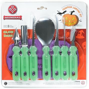 Mundial 8-Piece Glow-in-the-Dark Pumpkin Carving Kit with Carrying Pouch - Professional Halloween Jack-O-Lantern Carving Tools for Kids and Adults