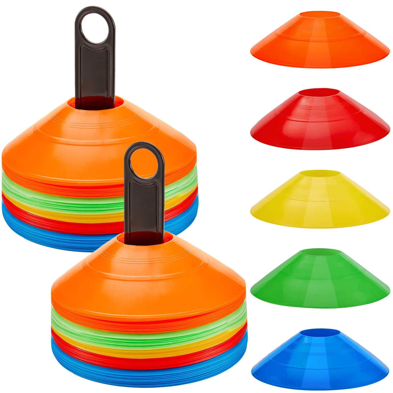 Set of 100 Soccer Cones Disc Cones Soccer Agility Cones Sports Training Cones Multicolor Field Marker Plastic Cones with 2 Holder for Kids Football Basketball Lacrosse Tennis Practice Equipment