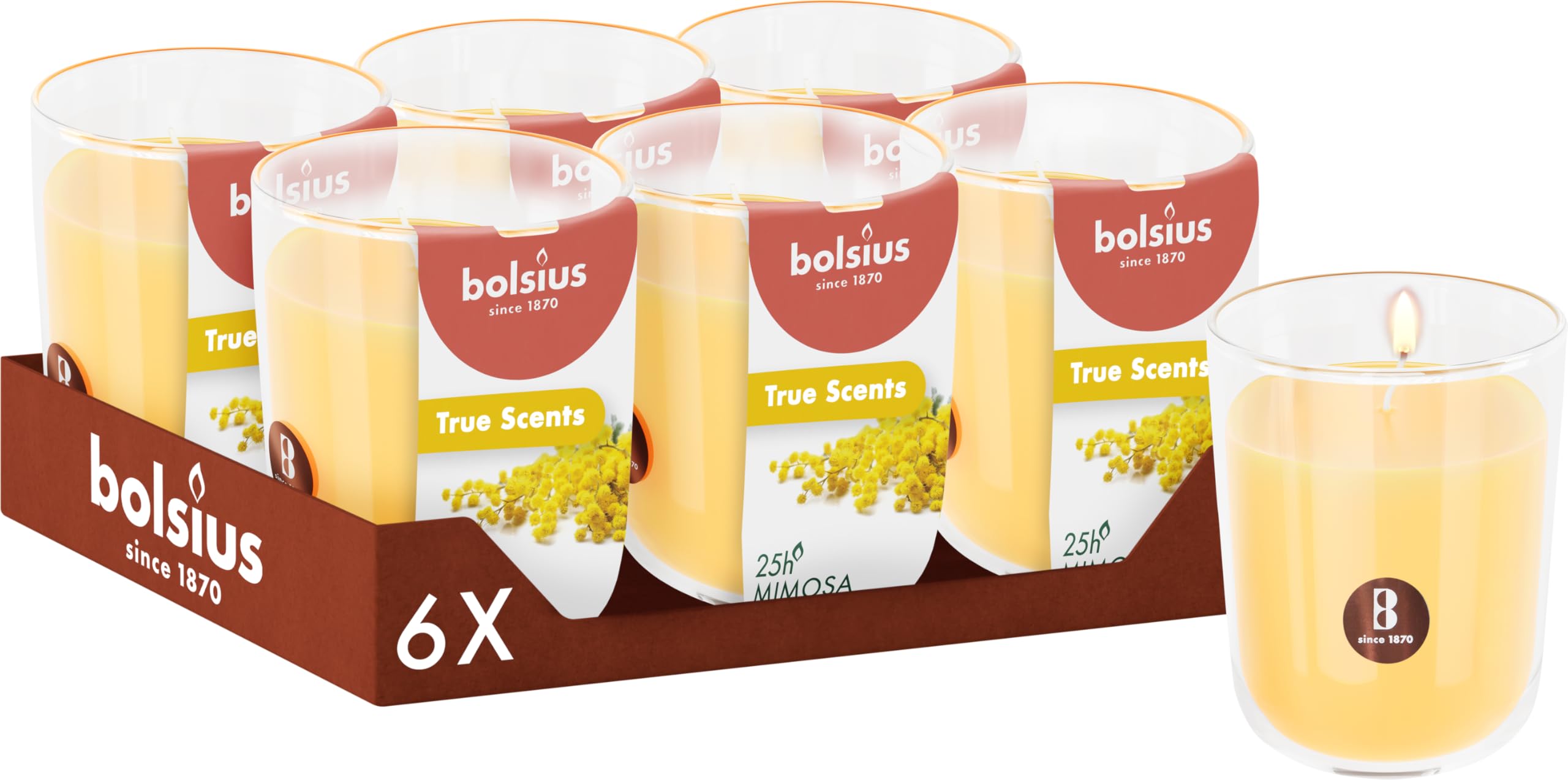Bolsius, Mimosa, Yellow, Set of 6 Scented Candles, 8 x 7 cm, Burn time: 25 Hours, with Natural extracts