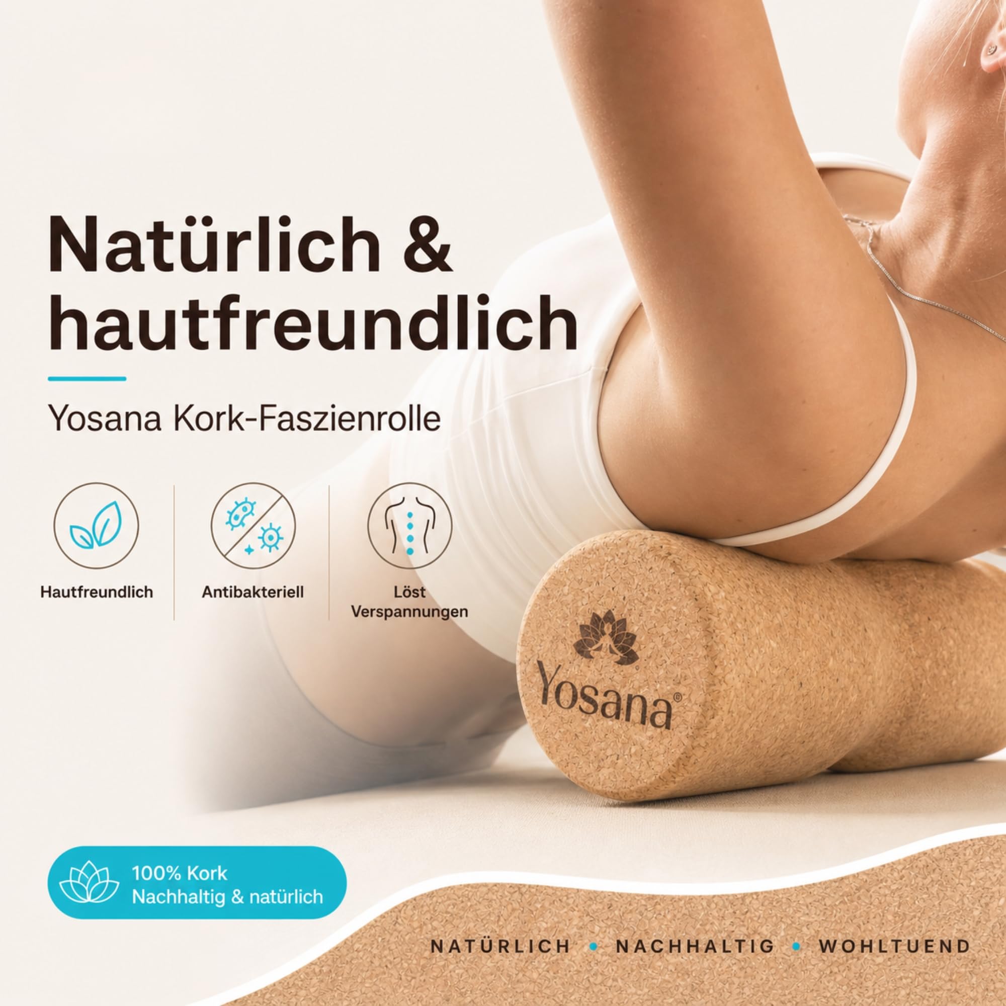 Kork Faszienrolle mit Wirbelsäulenschutz | Harte Rückenrolle für Rückenmassage & Faszientraining I Nachhaltige Korkrolle I 30x10cm