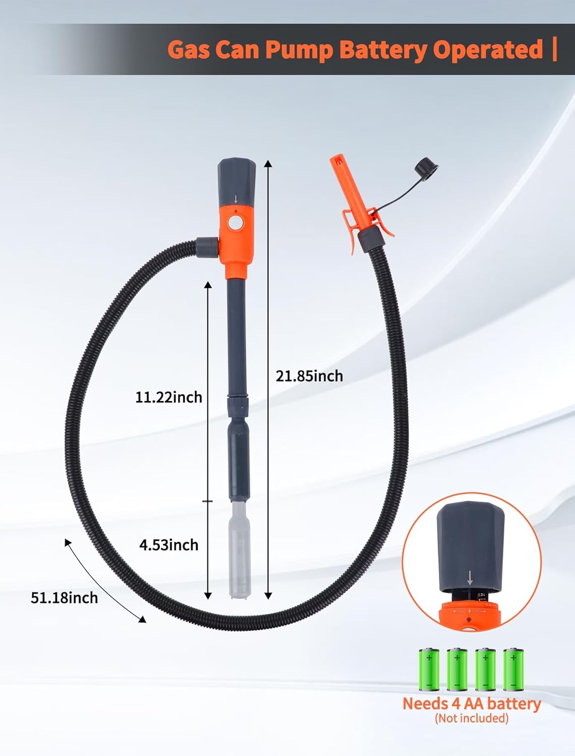 Auto-Stop Portable Power Battery Pump for Gas, 2.8 GPM Fuel Transfer Pump, Gasoline Siphon Pump, Gas Pump, Telescoping Gas Can Pump Battery Operated, 51" Transfer Hose, Portable Fuel Pump